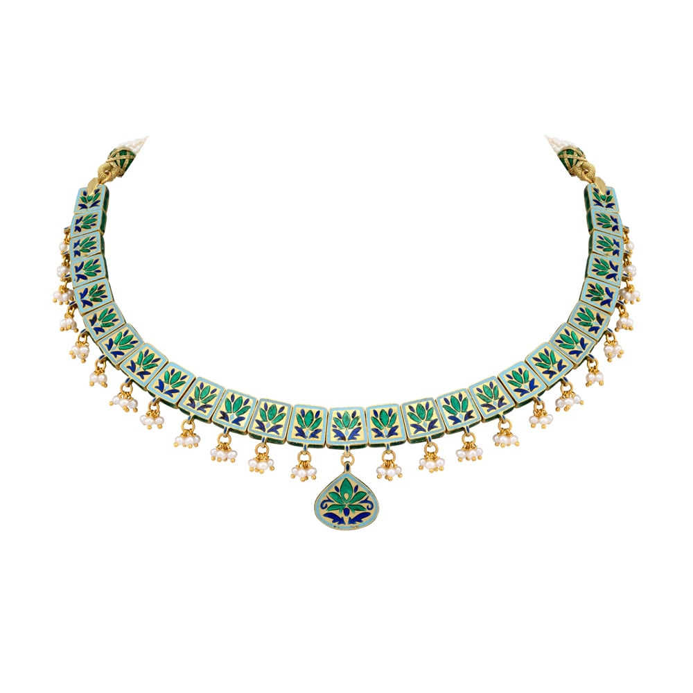 Green Meenakari Necklace with Polkis and Pearl Cheed Drops